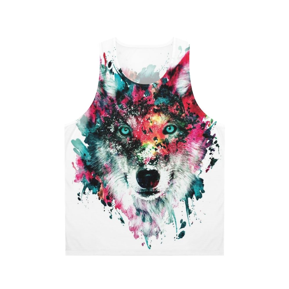 Vibrant wolf tank top with abstract watercolor art