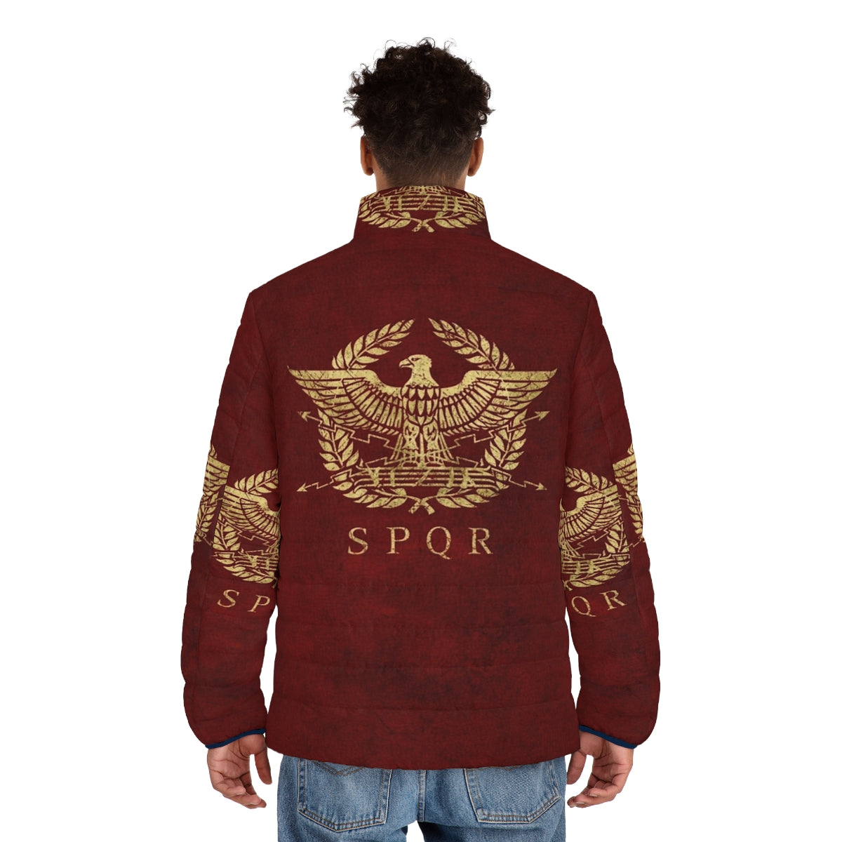 Vintage gold puffer jacket with Roman Empire emblem design - men back