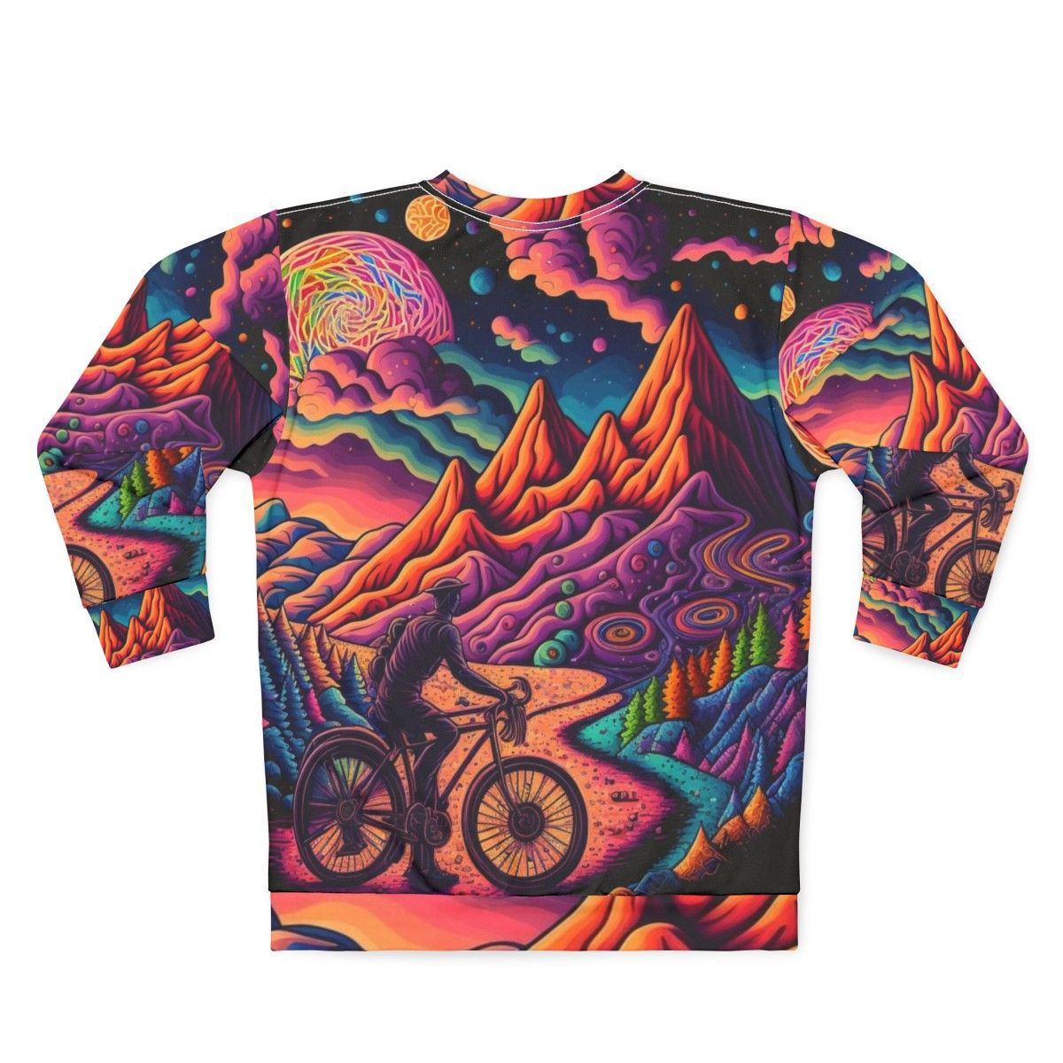 Psychedelic art sweatshirt featuring colorful 1943 bicycle design - Back