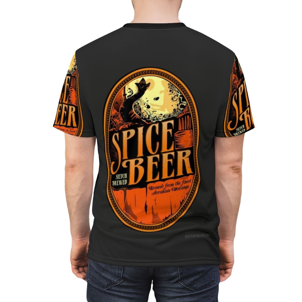 Dune-inspired t-shirt featuring a stylized Spice Beer label design with science fiction elements. - men back