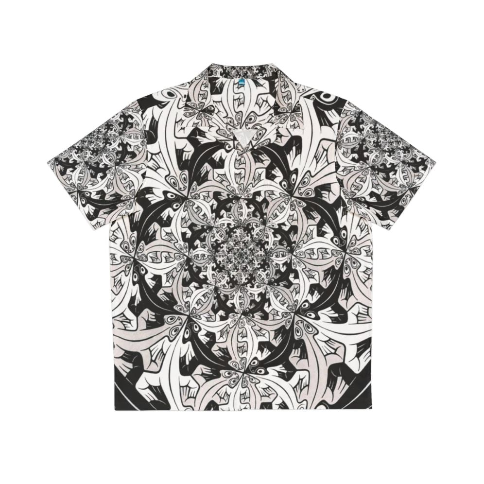 M C Escher inspired Hawaiian shirt with surreal graphic patterns