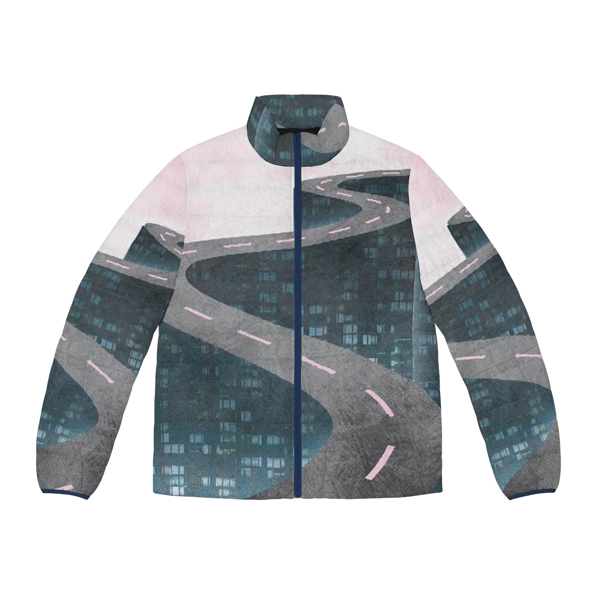 Retro futuristic "A Million Miles Away" puffer jacket with vaporwave and cyberpunk aesthetics