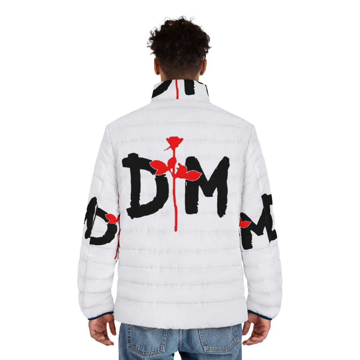 Depeche Mode 80s inspired puffer jacket with glitch and rose graphics - men back