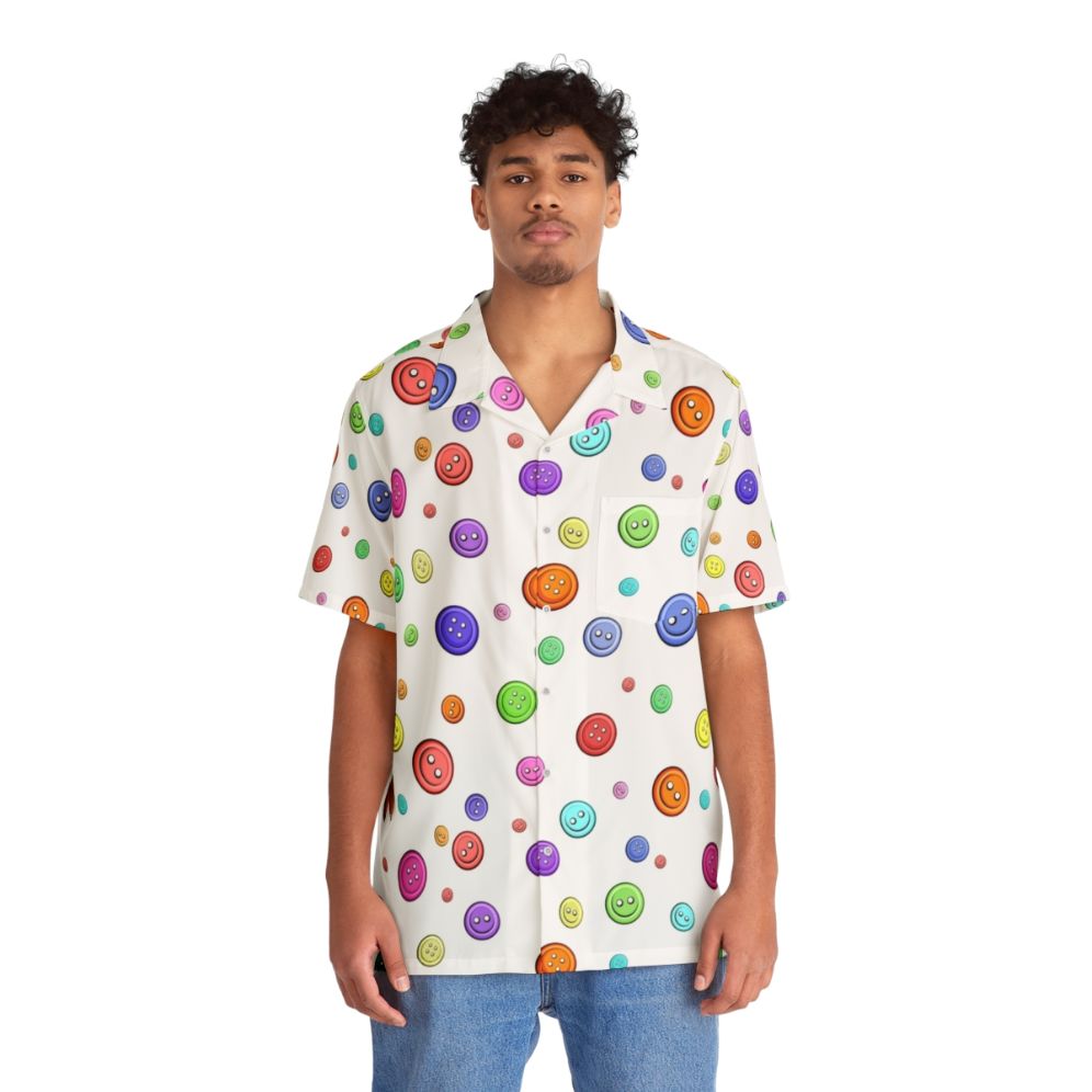 Colorful Hawaiian-style button-down shirt with sewing and hobby patterns - People Front