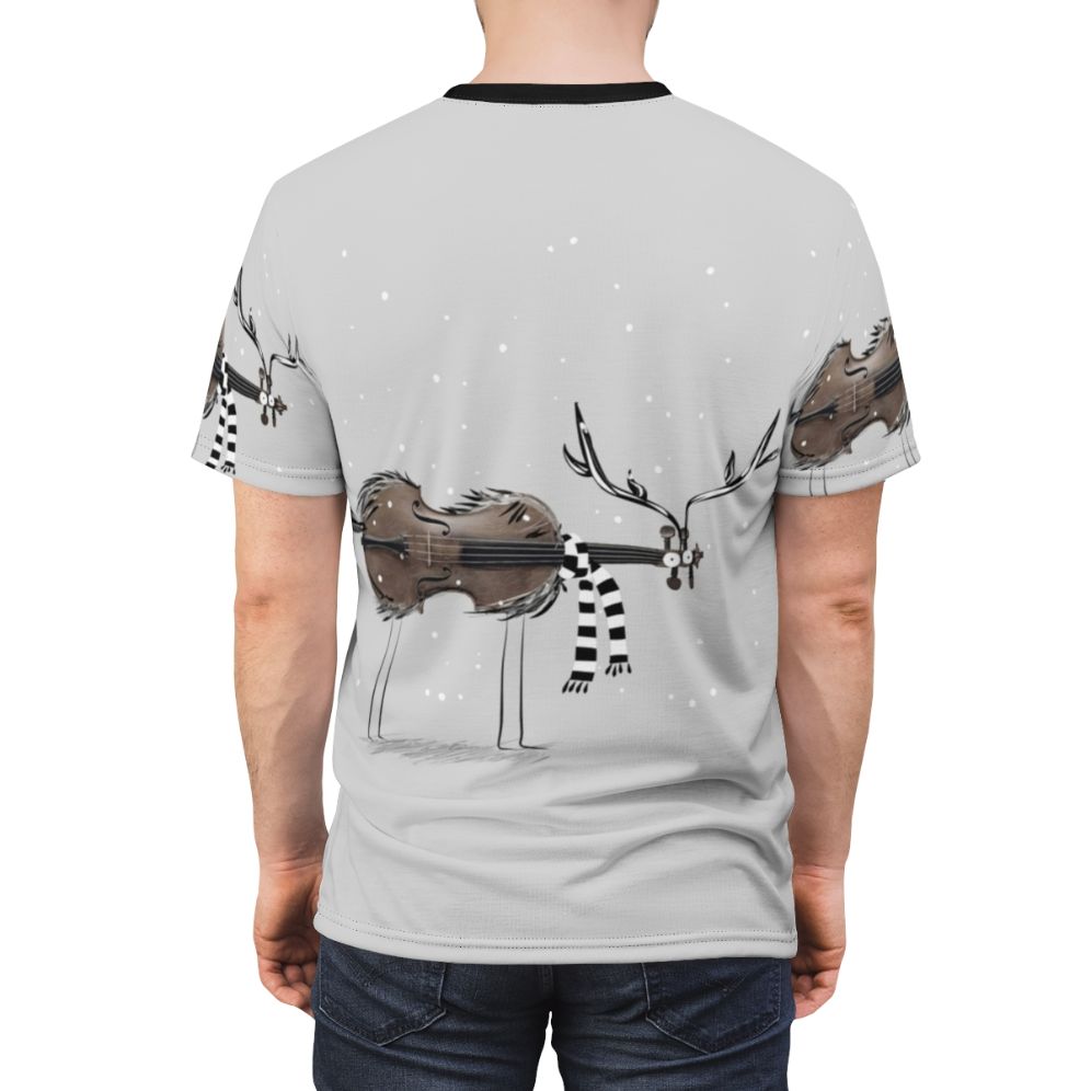 T-shirt featuring a design with a violin and reindeer in a winter scene - men back