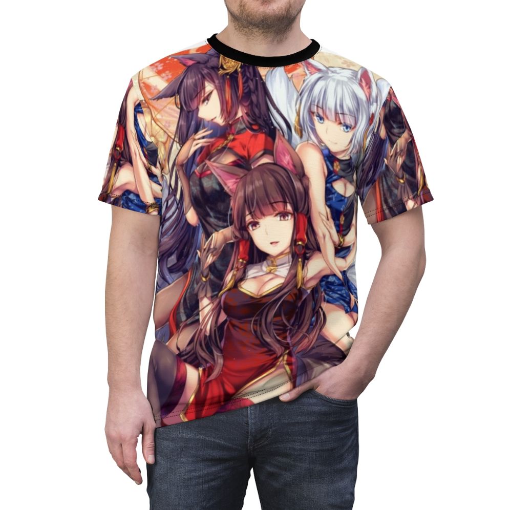 Anime-style illustration of the Sakura Empire shipgirls from the video game Azur Lane on a t-shirt - men front