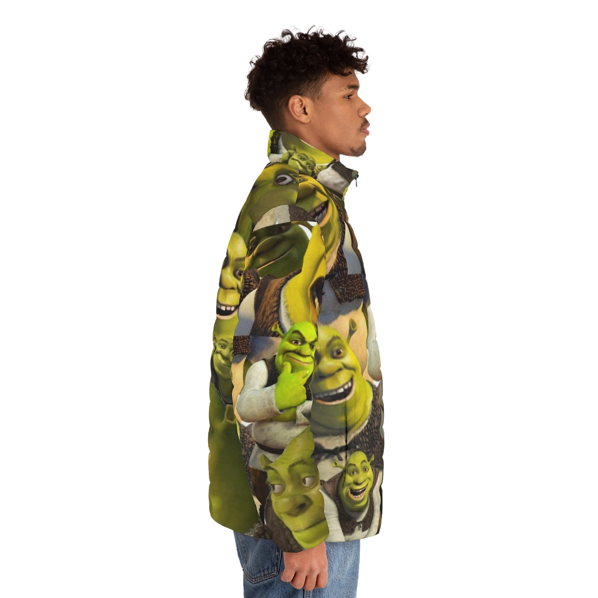 A vibrant green puffer jacket featuring the beloved character Shrek, perfect for fans of the popular culture phenomenon. - men side right