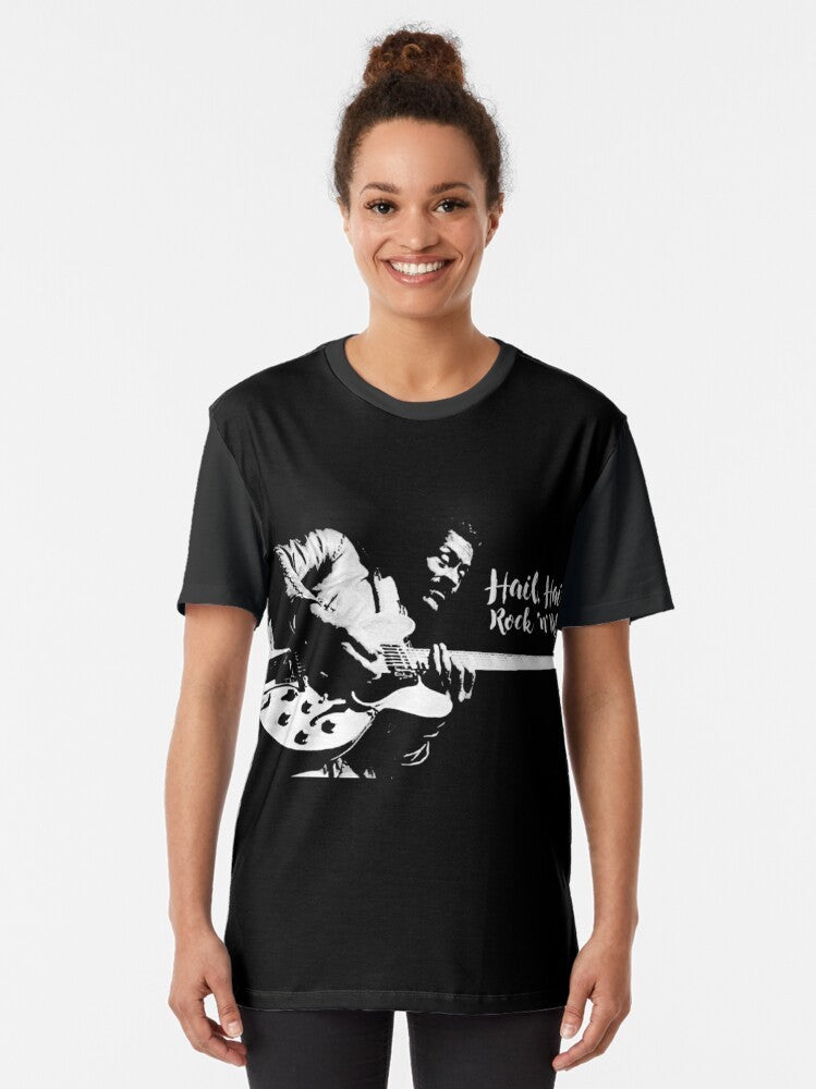 Rock and roll graphic t-shirt featuring the legendary Chuck Berry and his guitar - Women