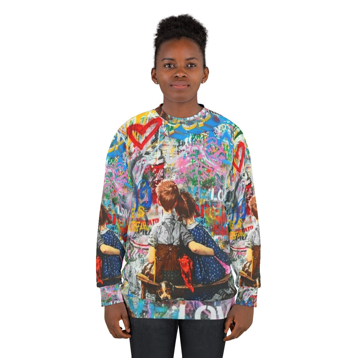 Colorful boy and girl pop art inspired collage design on sweatshirt - women