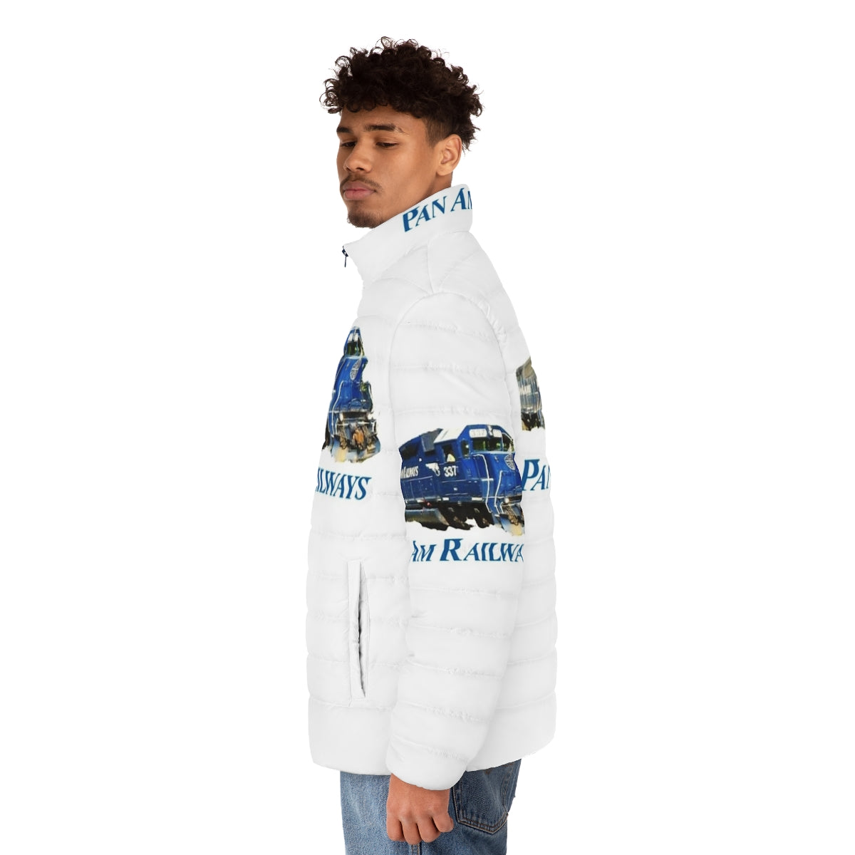 Pan Am Railway Train Driver Puffer Jacket with Pan Am logo and railways imagery - men side left