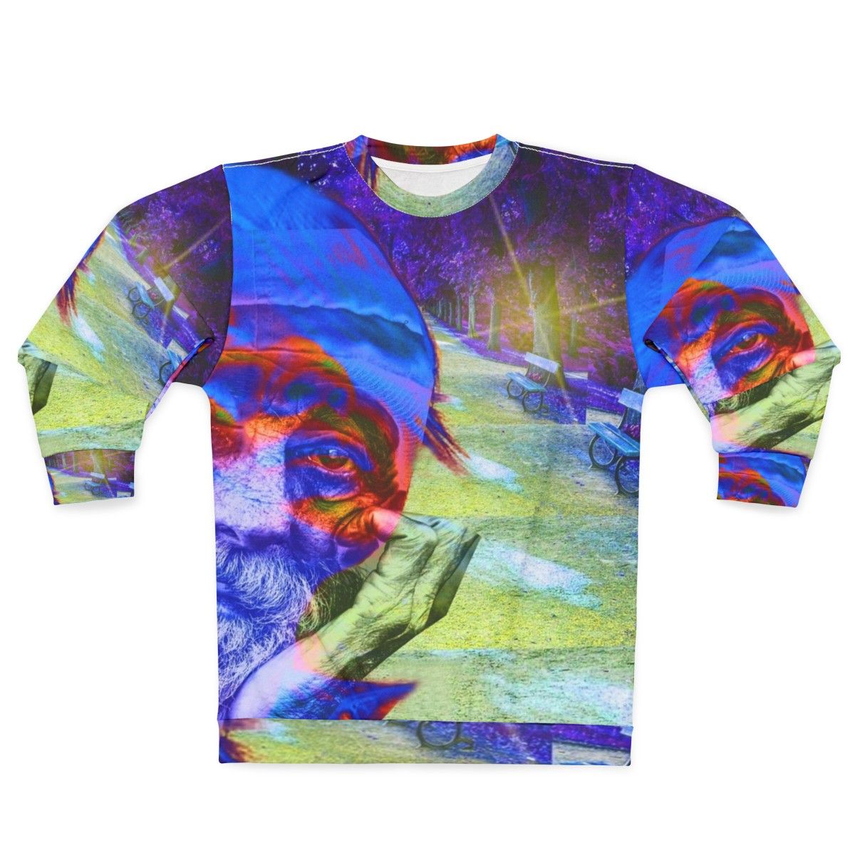 Homelessness awareness sweatshirt with colorful abstract patterns and typography