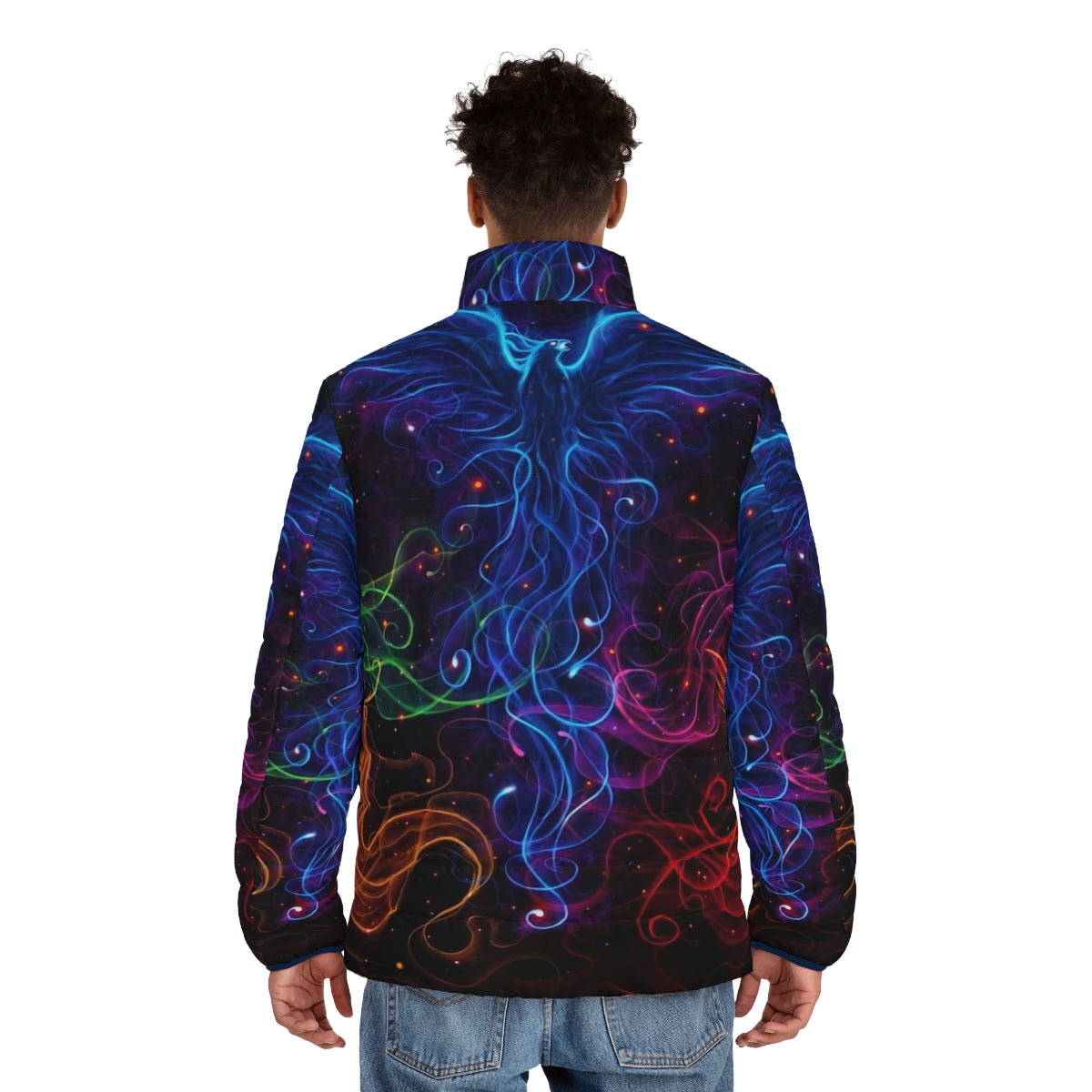 Colorful puffer jacket featuring a phoenix design against a vibrant sky - men back