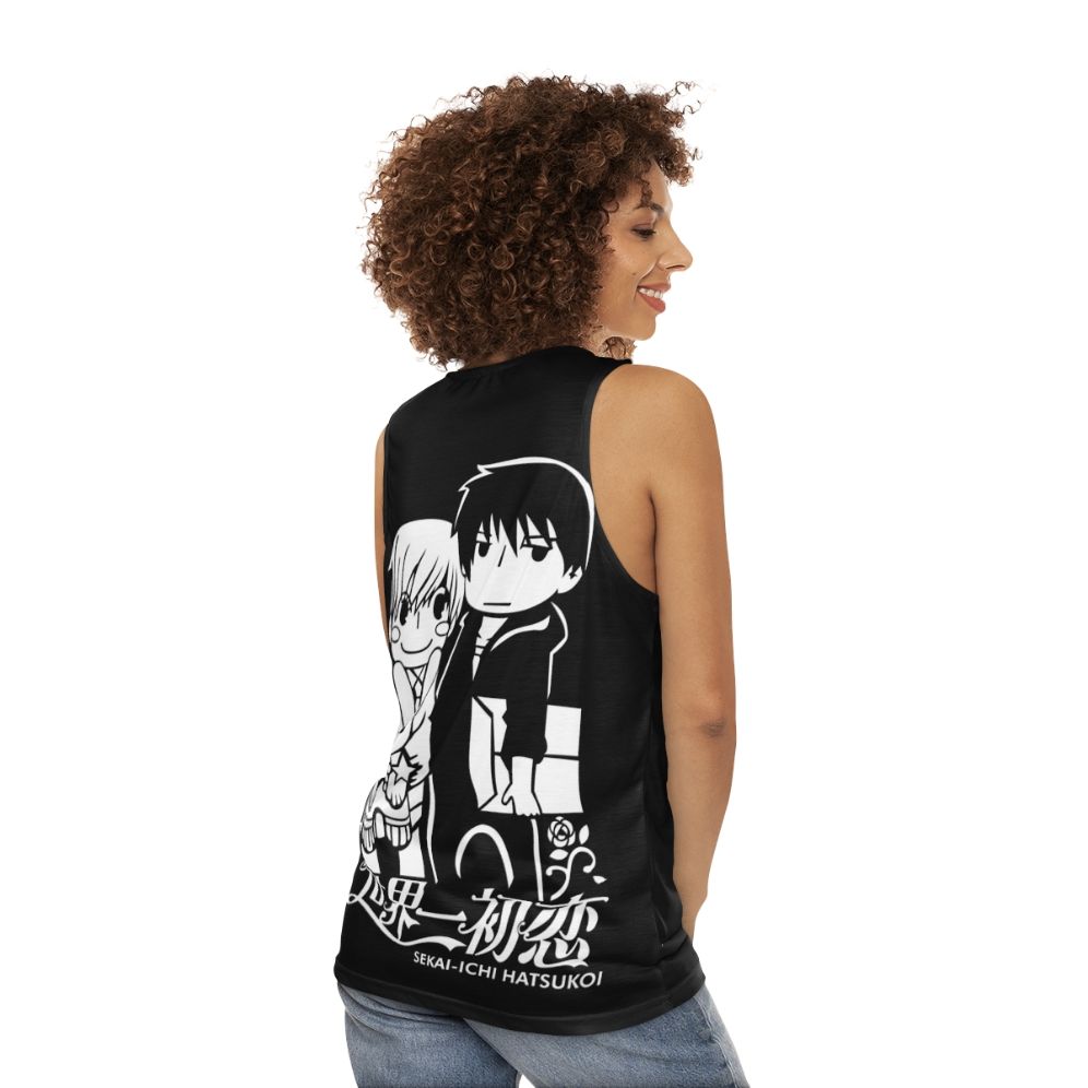 Unisex anime tank top featuring characters from the BL manga Sekai Ichi Hatsukoi - women back