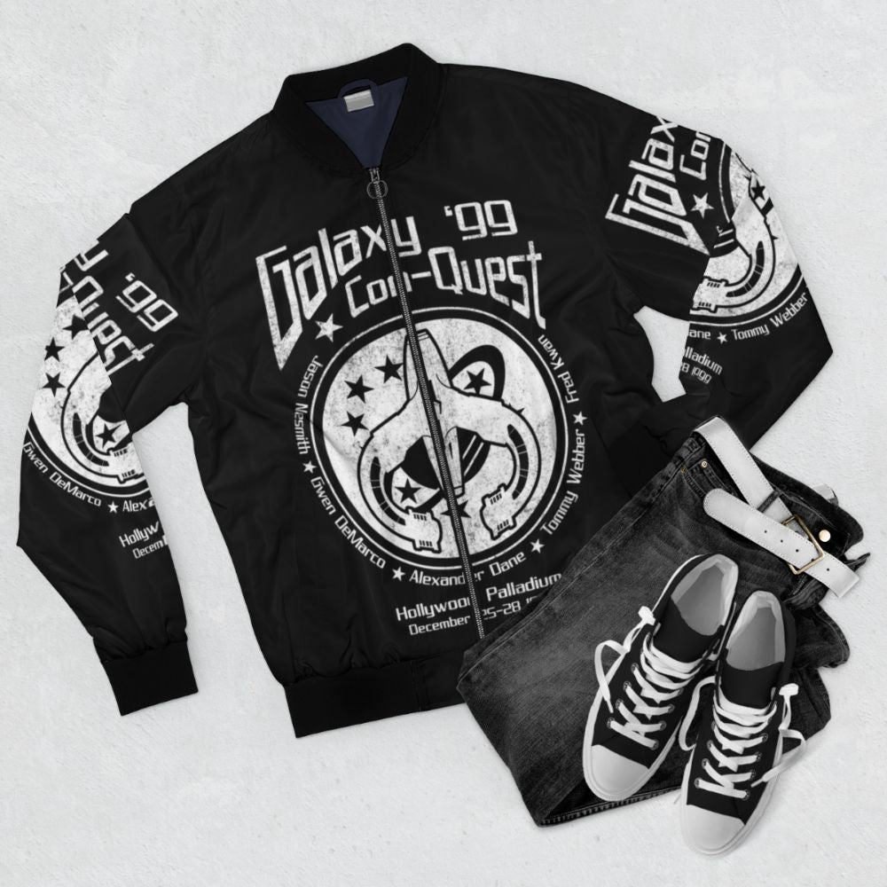 Reentry Galaxy Bomber Jacket with Never Give Up Wristband for Sci-Fi Fans - Flat lay