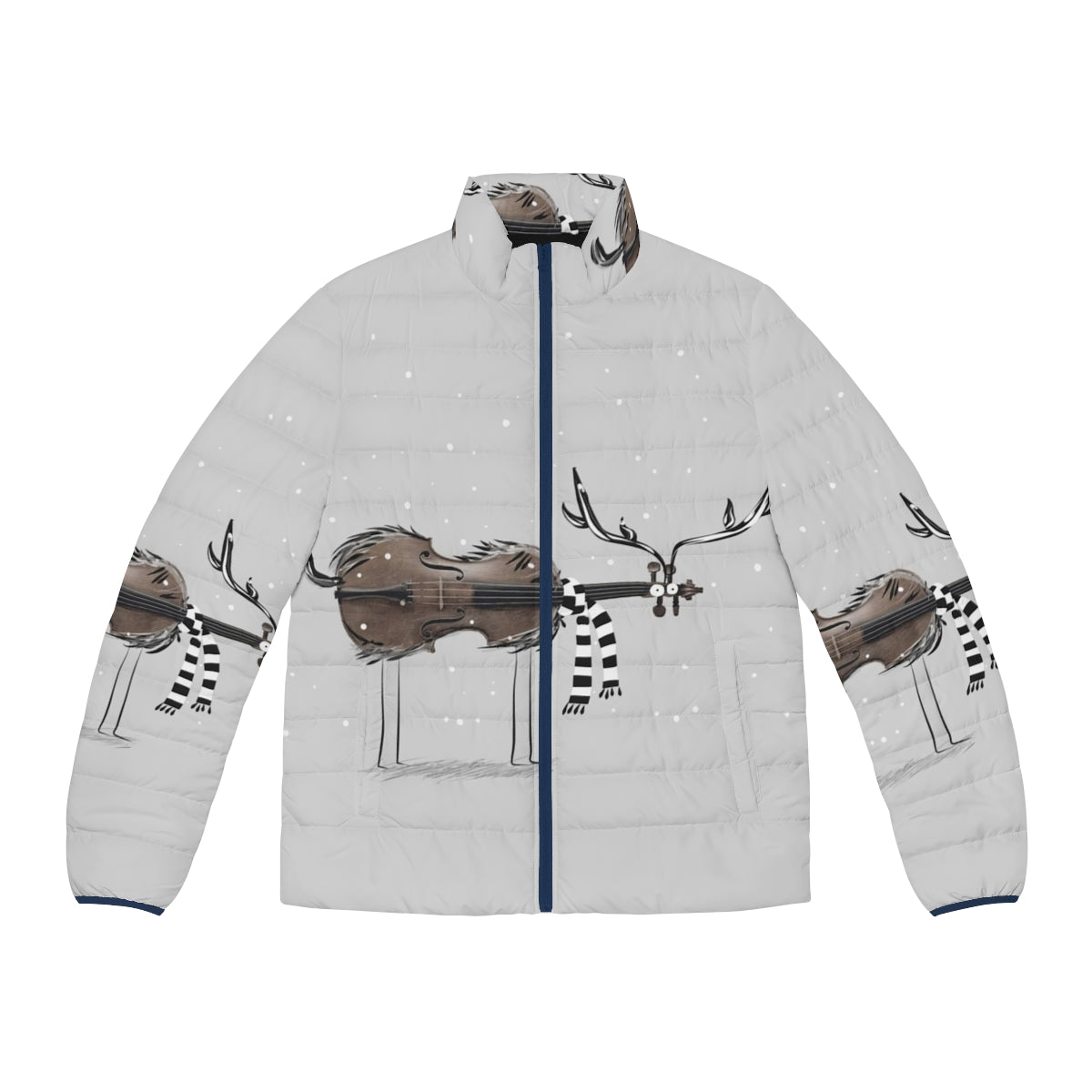 A warm and cozy puffer jacket featuring a festive design of a reindeer playing a violin in a snowy winter scene.