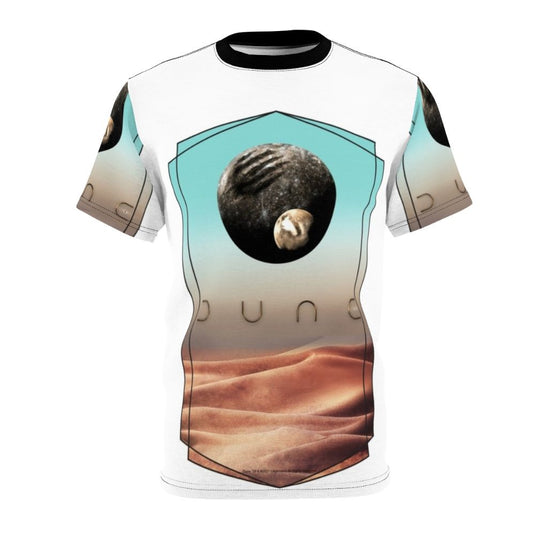 Dune-inspired t-shirt with sci-fi design featuring the planet Arrakis and House Atreides