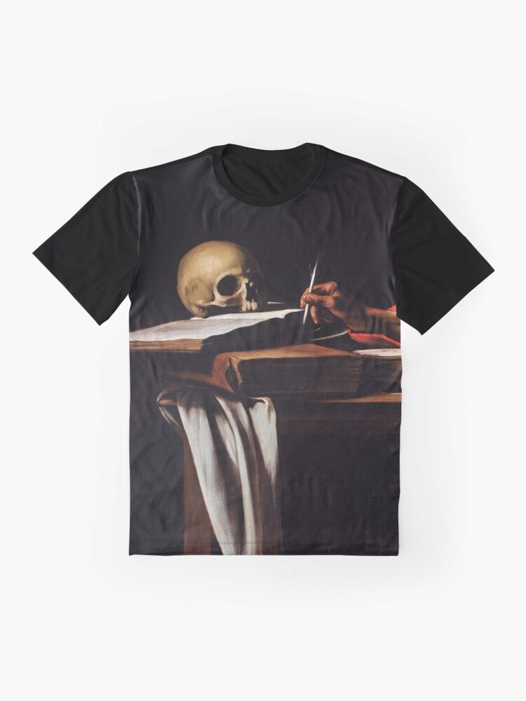 Baroque style graphic tee featuring Saint Jerome writing, a famous religious painting by the Italian artist Michelangelo Caravaggio. - Flat lay