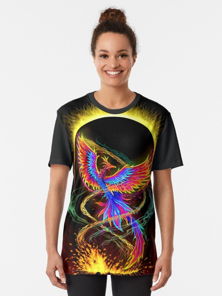 Rising Above Adversity Phoenix Graphic T-Shirt with fantasy art design - Women