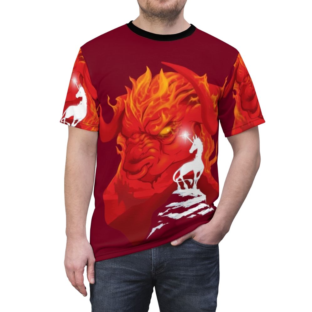 Vintage-style t-shirt featuring the iconic imagery from the beloved fantasy film The Last Unicorn. - men front