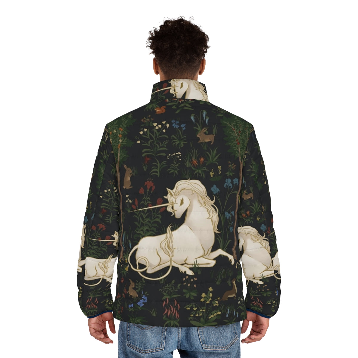 Unicorn puffer jacket in a whimsical woodland scene - men back