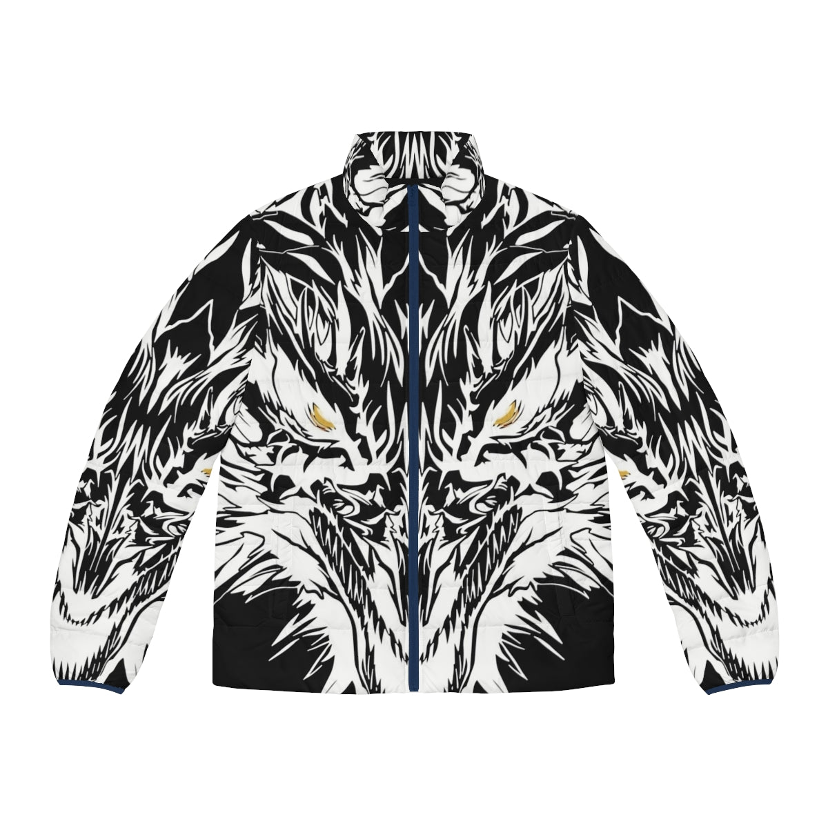 White dragon with yellow eyes tattoo design on cozy puffer jacket