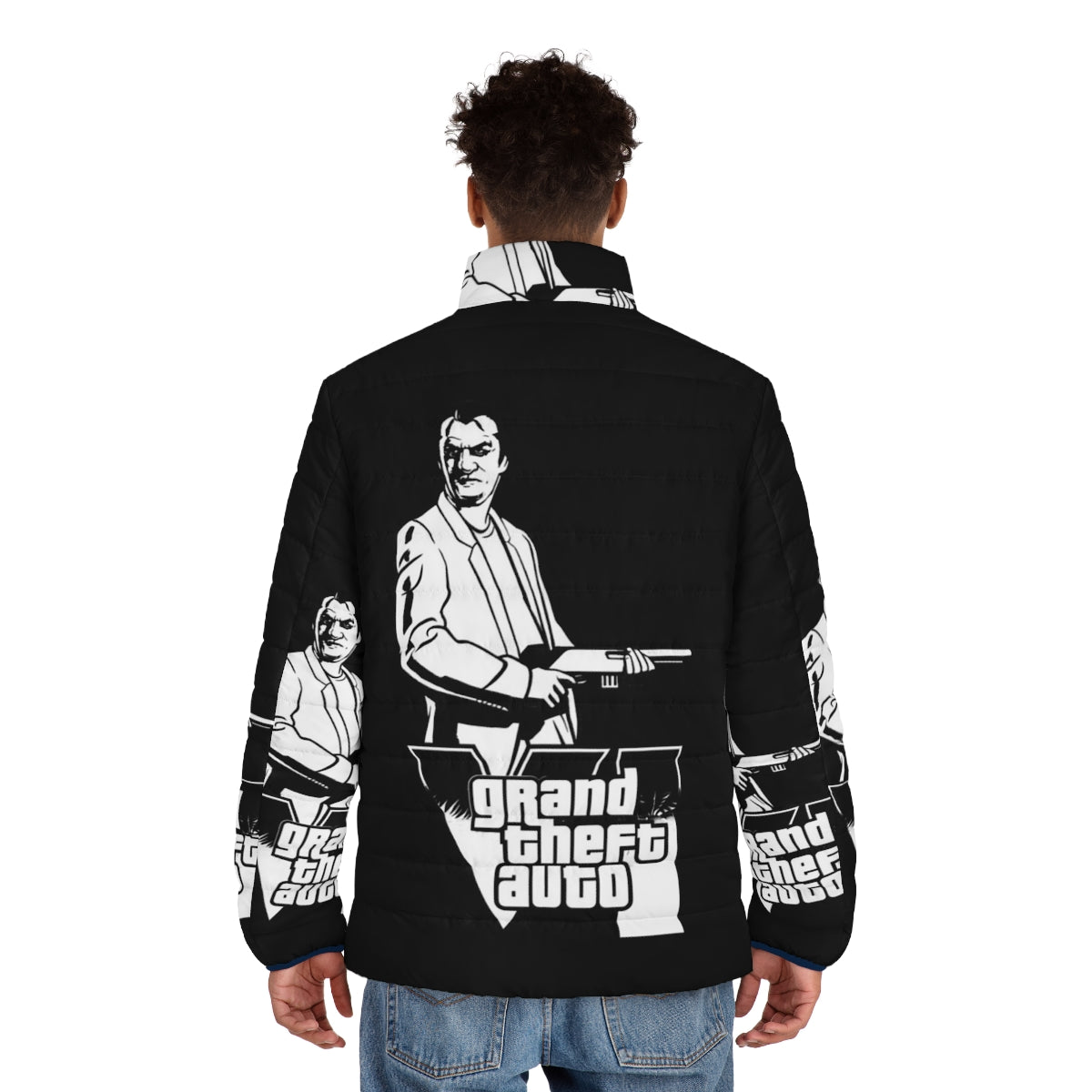 Grand Theft Auto themed puffer jacket with gaming inspired design - men back