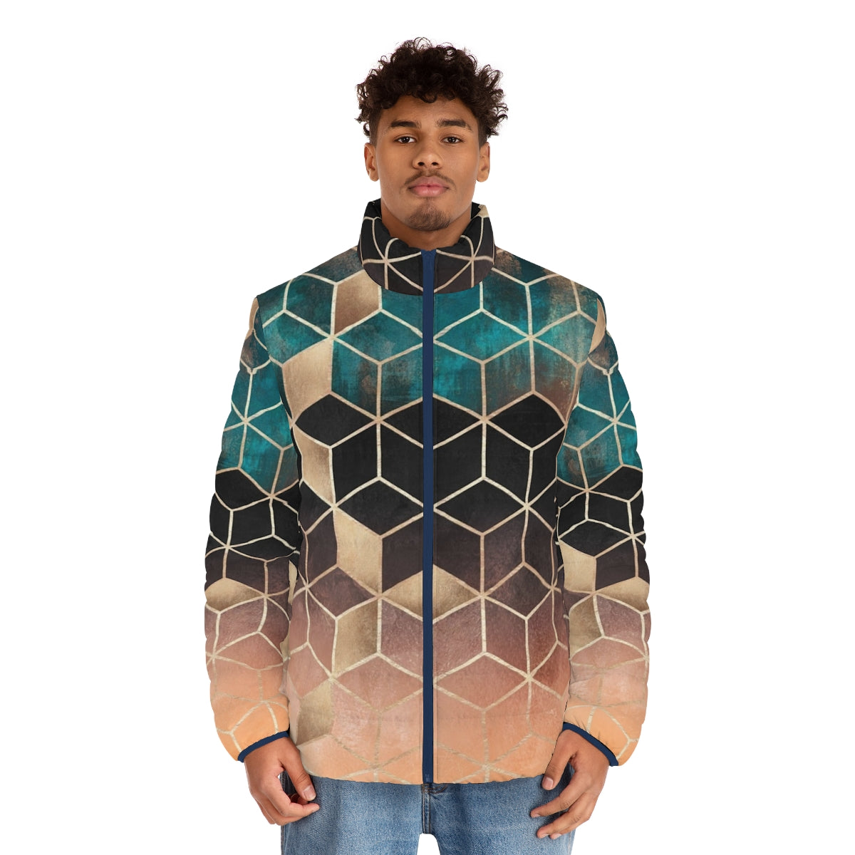 Ombre Dream Cubes Geometric Puffer Jacket with a modern, abstract cube pattern - men front