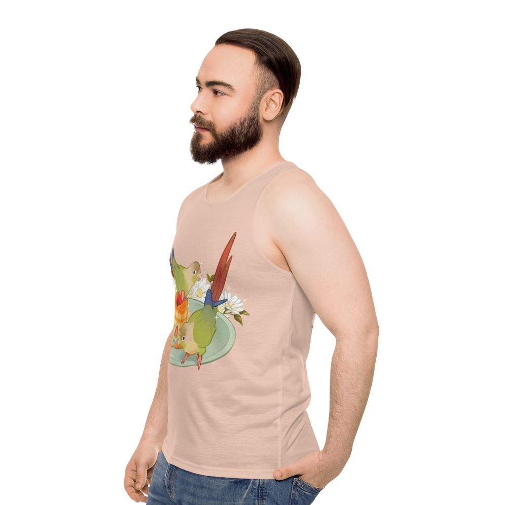 Cinnamon Conure Unisex Tank Top with Fluffy Pancakes Design - men side