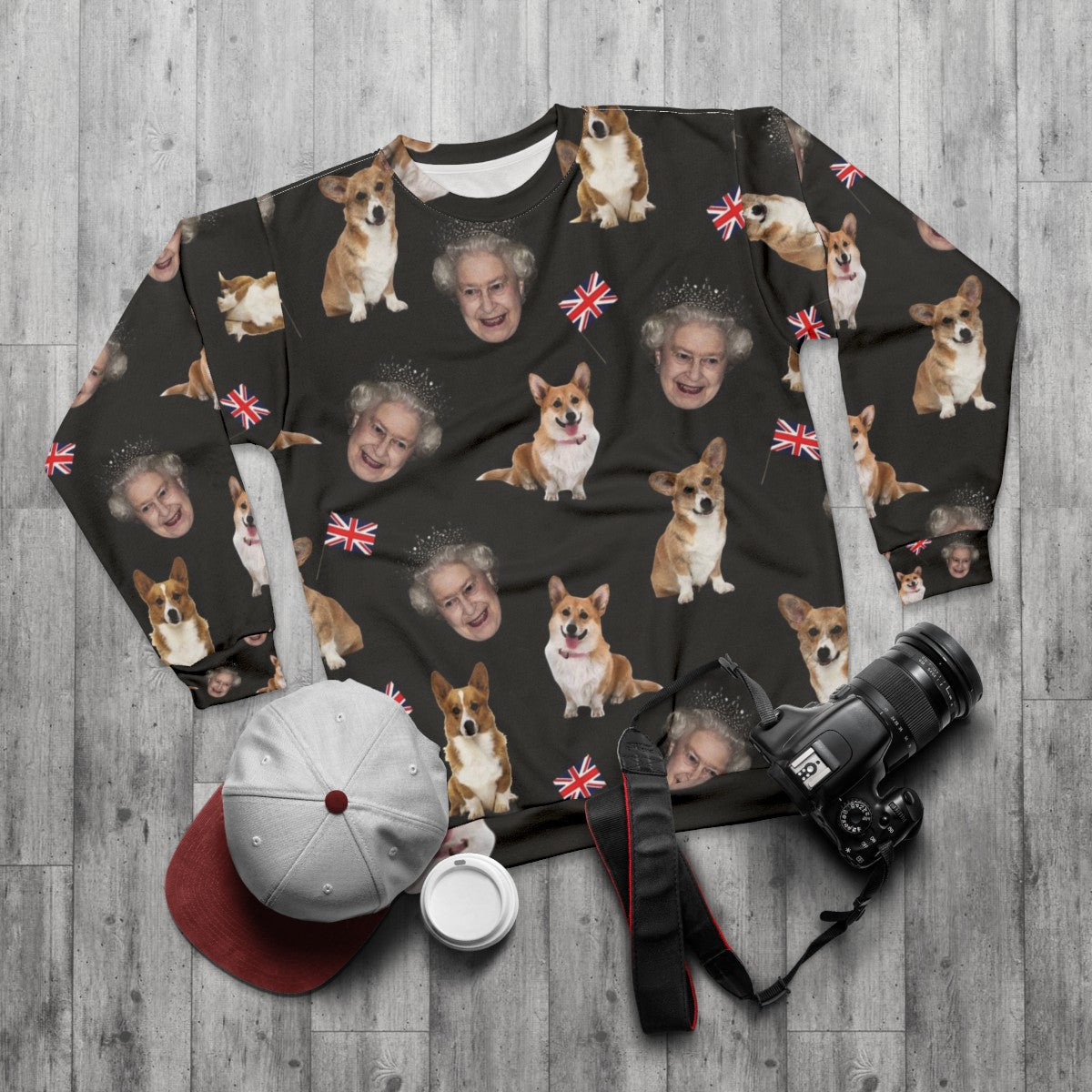 Queen Elizabeth and Corgis Pattern Sweatshirt - flat lay