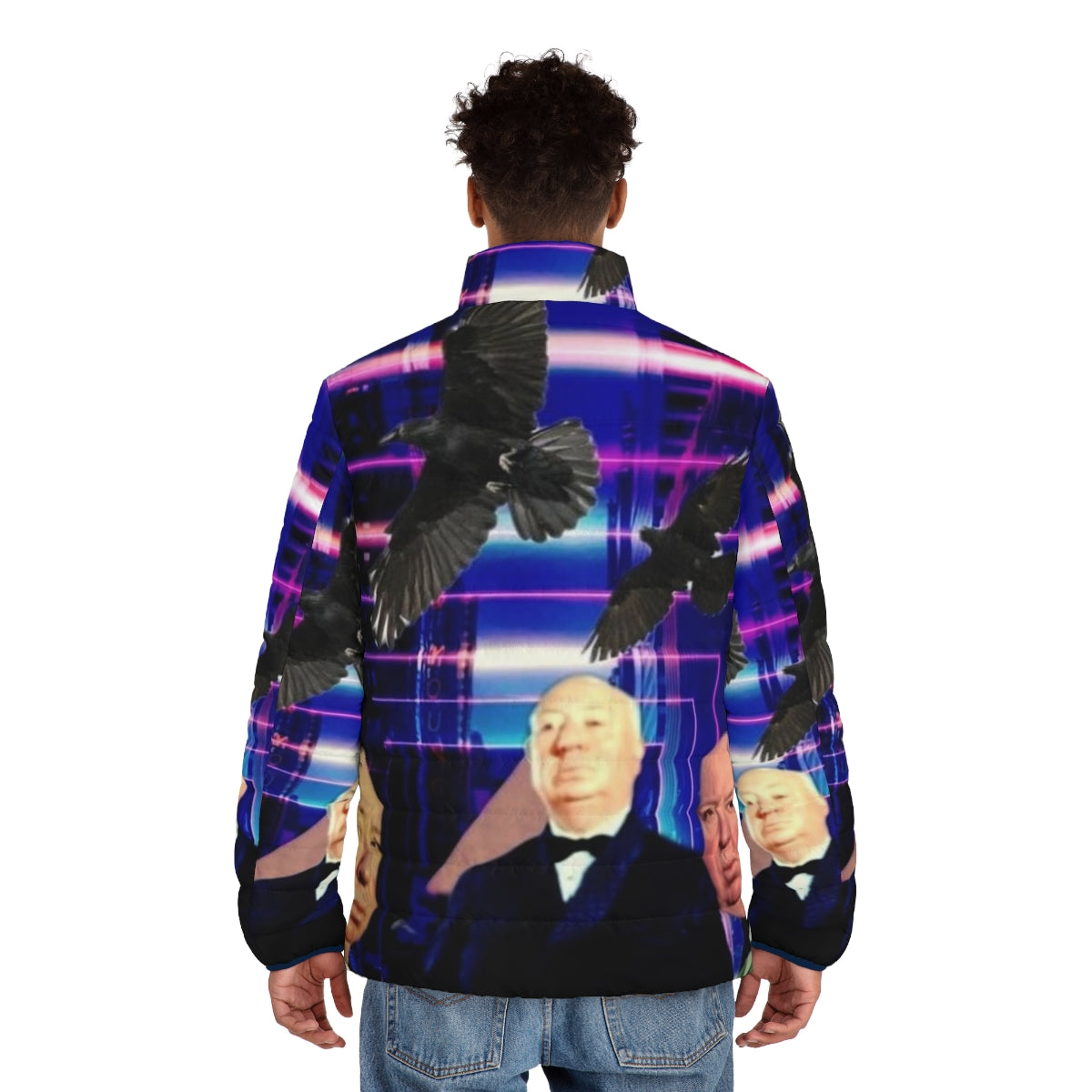 Alfred Hitchcock inspired puffer jacket with fan art design - men back