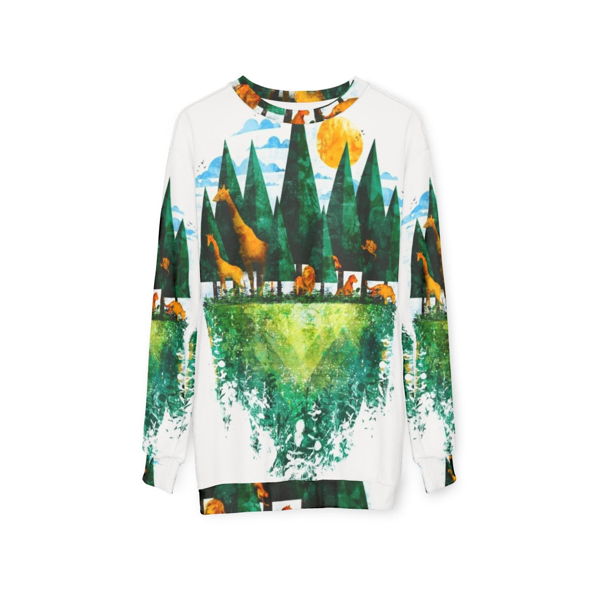 Geo Forest Sweatshirt with nature-inspired graphic design - hanging