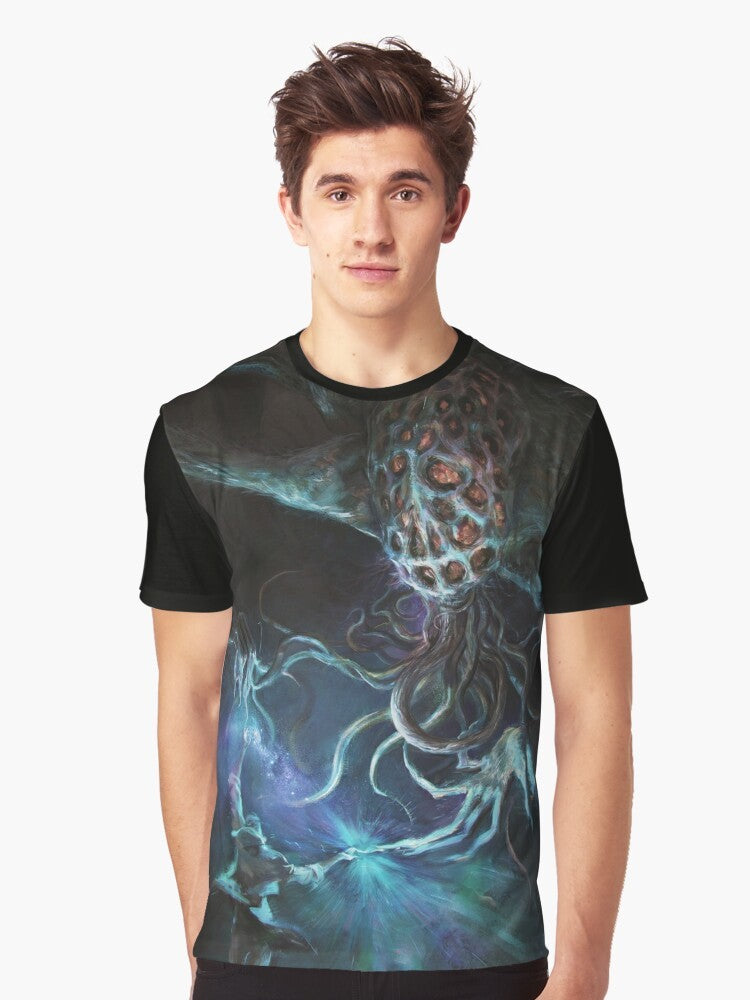 Intergalactic Alien Tentacle Graphic T-Shirt with a psychedelic, Lovecraft-inspired design featuring a blue alien creature with tentacles against a starry, galactic backdrop. - Men