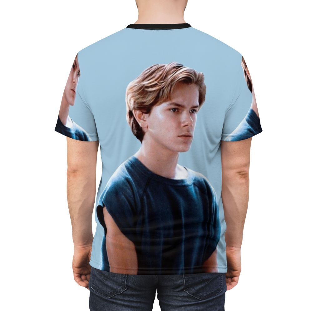 Artistic portrait of River Phoenix, a beloved actor from the 80s and 90s, on a high-quality t-shirt - men back