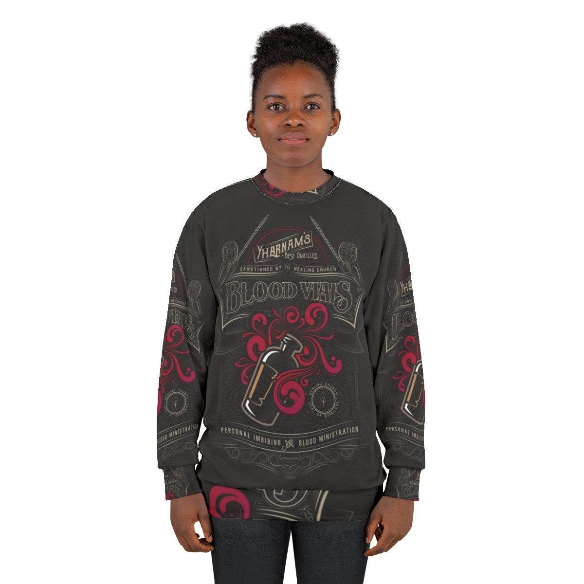 Yharnam Blood Vials Bloodborne Sweatshirt with Cosmic Horror Fanart - women