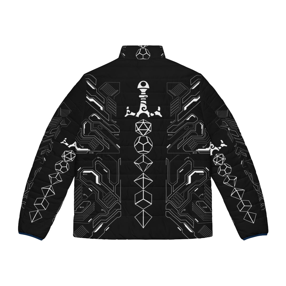 Futuristic Dungeons & Dragons puffer jacket with polyhedral dice design - Back