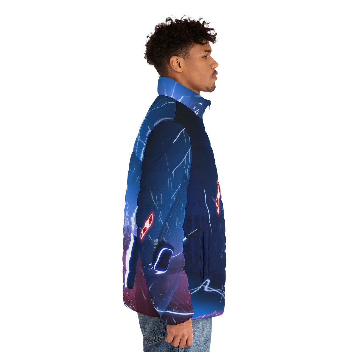 A person wearing a virtual world puffer jacket with neon lights and cyberpunk design - men side right