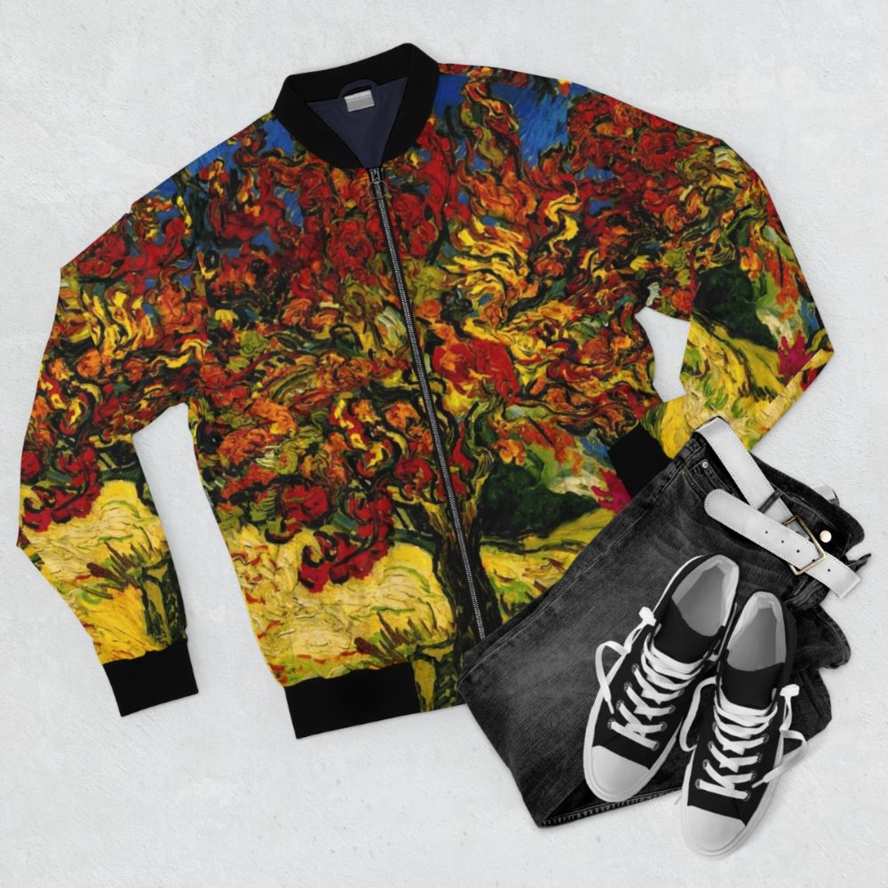 Vibrant bomber jacket featuring a print of Van Gogh's famous Mulberry Tree painting - Flat lay