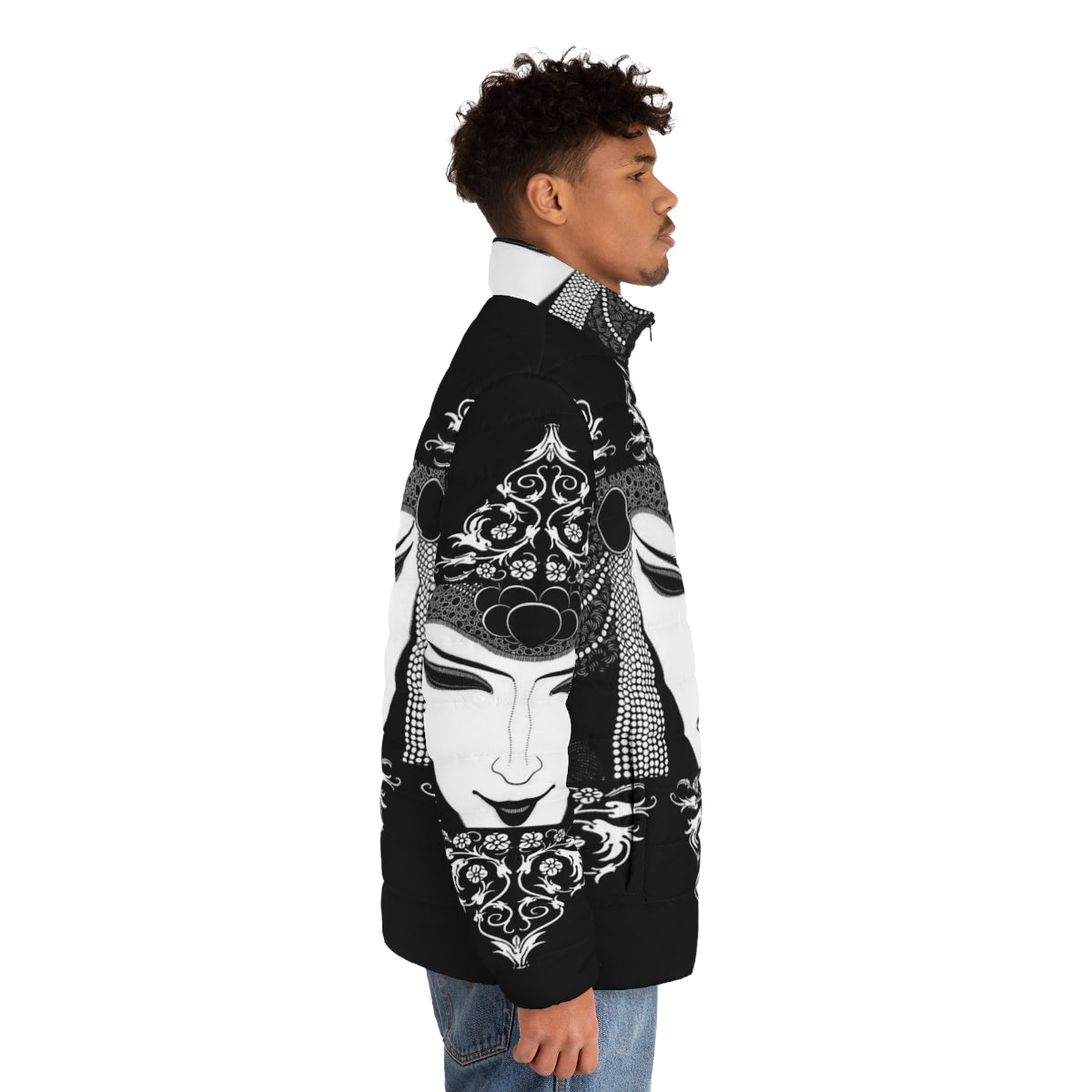 Aubrey Beardsley inspired gothic puffer jacket with black and white illustration - men side right