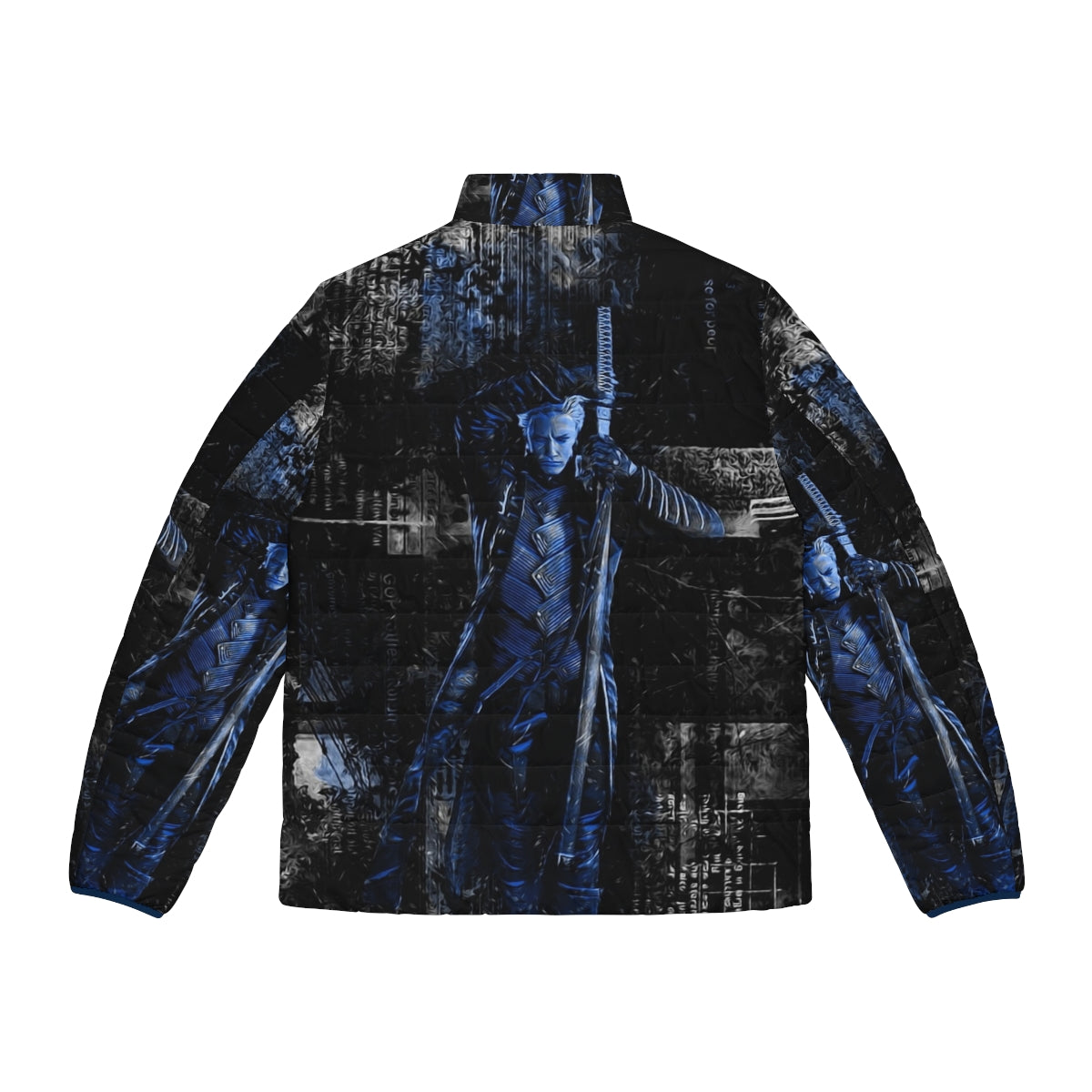 Blue puffer jacket with anime and video game inspired design - Back