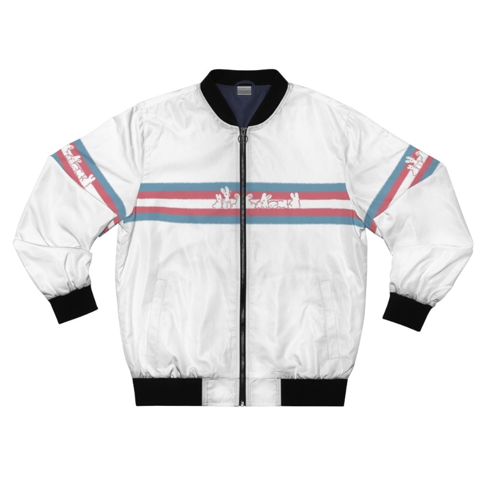 Colorful trans pride flag bomber jacket with cute rabbit or bunny design