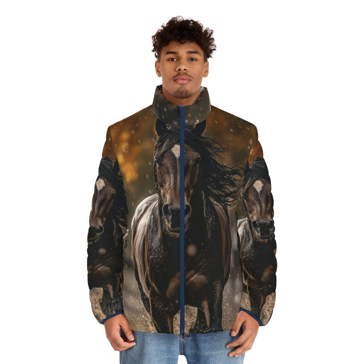 Puffer jacket featuring a bay horse trotting in the rain on an autumn day - men front