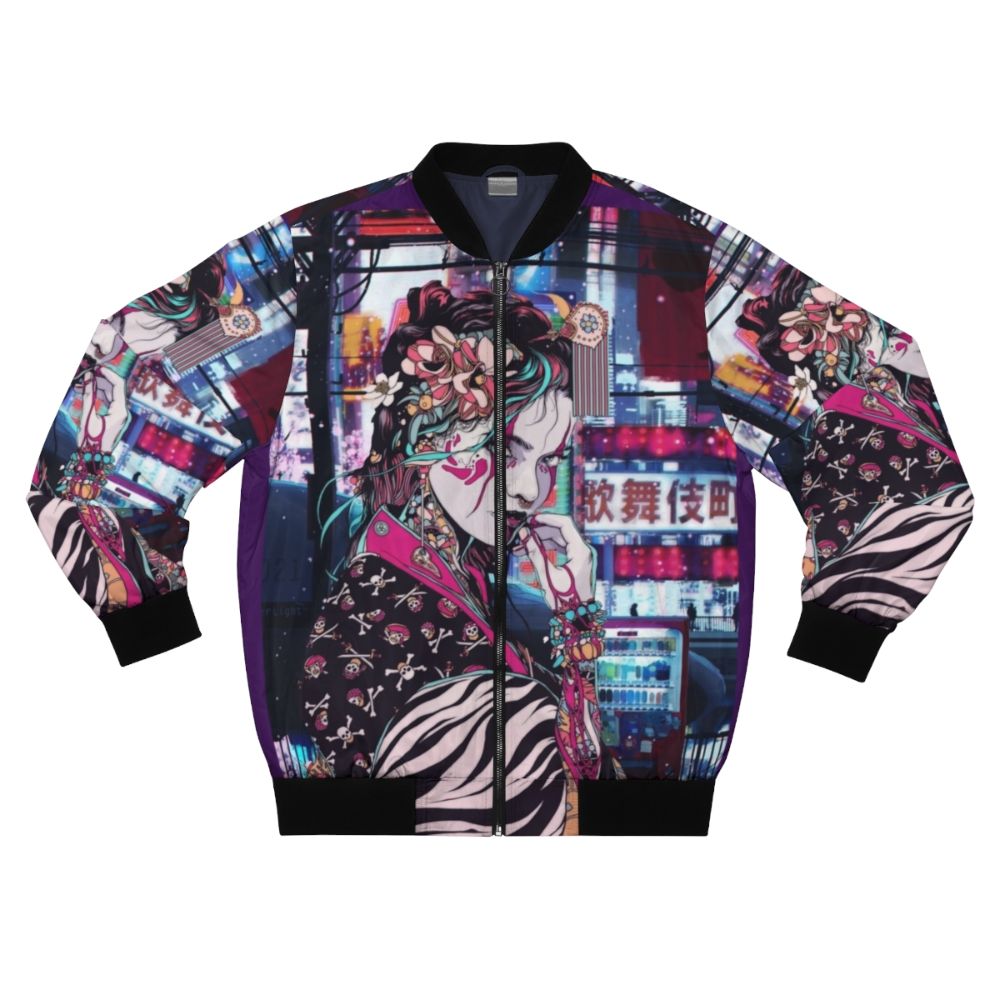 Stylish bomber jacket featuring a beautiful geisha character in the streets of Tokyo