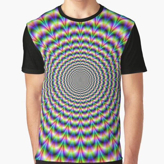 A psychedelic, abstract, fractal, and geometric optical illusion graphic t-shirt.