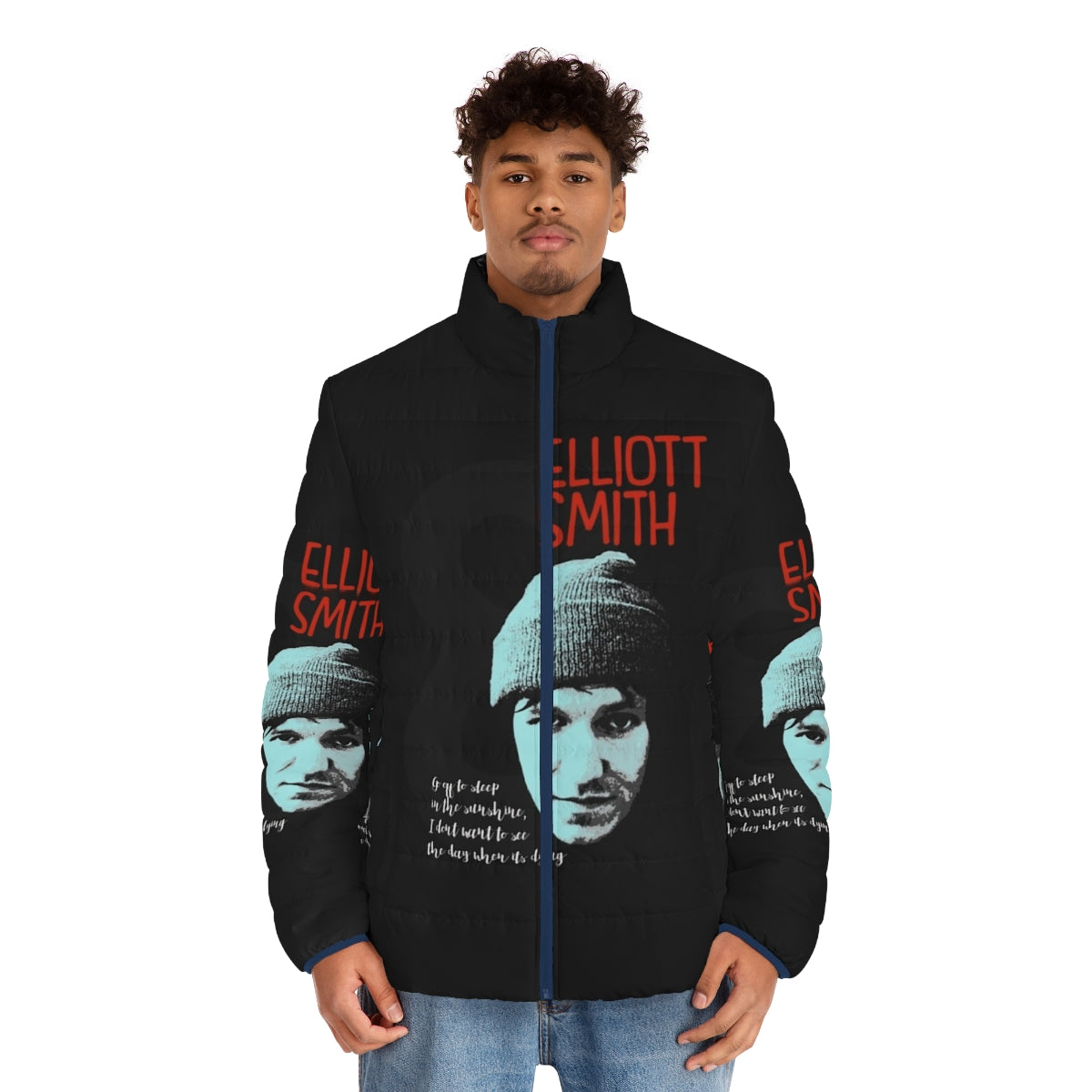 Elliott Smith Art Puffer Jacket with Indie Music Inspired Lettering and Graphics - men front