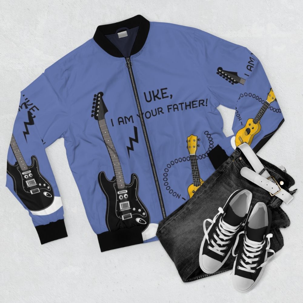 Ukulele bomber jacket with "Uke, I Am Your Father!" parody design - Flat lay