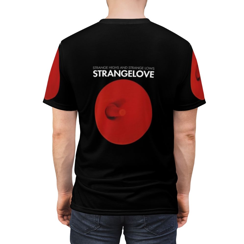 Strange Love Synth Pop T-shirt featuring retro 1980s style graphics - men back