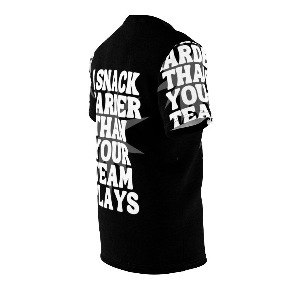 Funny sports t-shirt with the quote "I Snack Harder Than Your Team" - men right