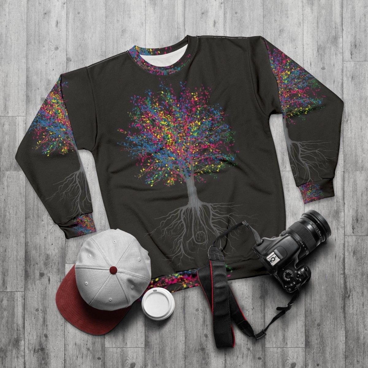 Colorful trees and musical nature inspired sweatshirt - flat lay