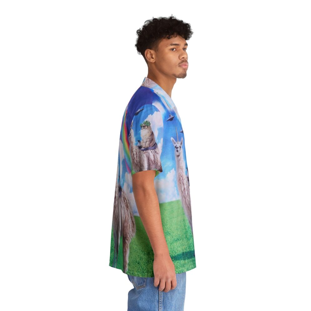 A vibrant Hawaiian shirt featuring a cat riding a llama unicorn in a space-themed cosmic design. - People Pight