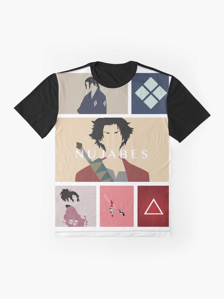 Samurai Champloo anime and manga inspired graphic t-shirt with characters Mugen, Jin, and Fuu - Flat lay